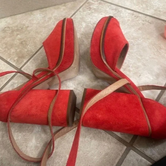Free People 39(USA 9)Red Remi Double Ankle Strap Suede Block Platform Heel - Picture 9 of 10